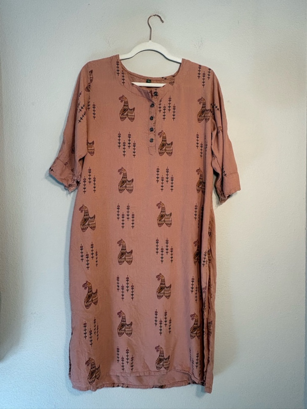 Pink Llama Print Cotton Kurti Tunic Dress Boho Mid Length